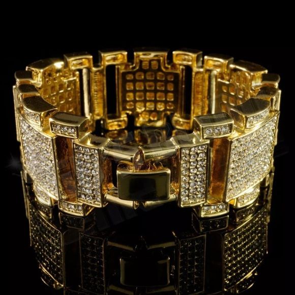 Mens Iced 14k Gold Real Solid 925 Sterling Silver 20mm BIG  ICEY Men\'s 14K Gold Bracelet Thick Iced Out NEW
